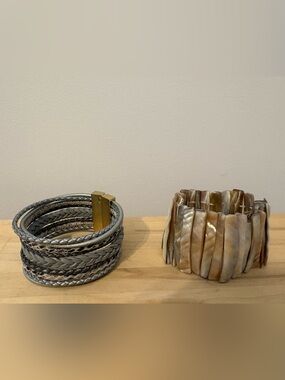 Gray/Purple Braided Leather and Shell Stretch Bracelet Set